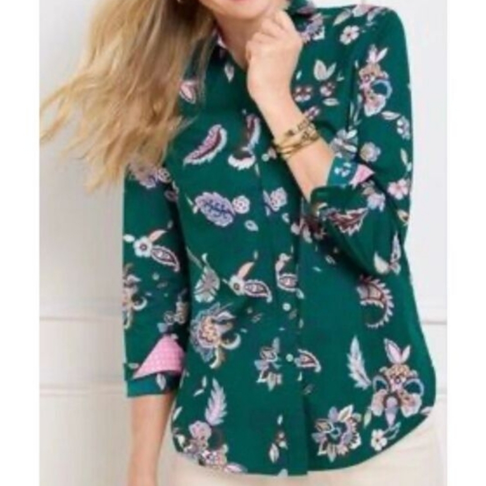 Talbots 100% Cotton Printed Button Up With Contrasting Sleeves
